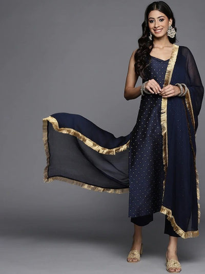 Indyancart VA Women's Navy Blue Printed Kurta with Trousers & Dupatta