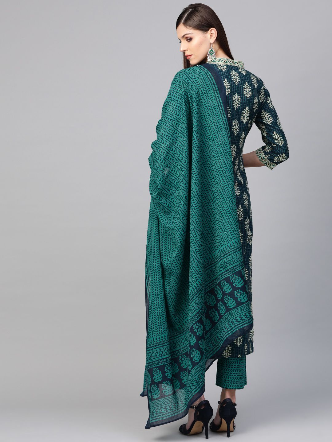 Dhiyona IE Women Navy Blue & Green Printed Kurta with Palazzos & Dupatta