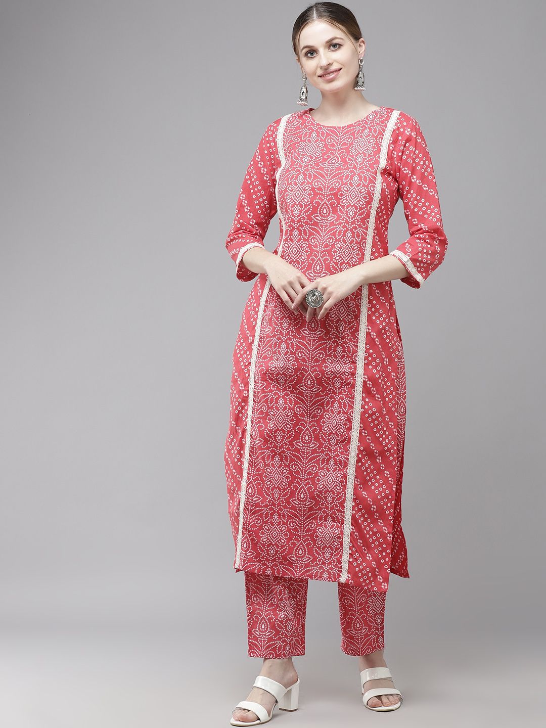 Indyancart IE Women Pink Bandhani Printed Regular Pure Cotton Kurta with Palazzos
