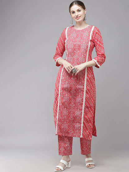 Indyancart IE Women Pink Bandhani Printed Regular Pure Cotton Kurta with Palazzos