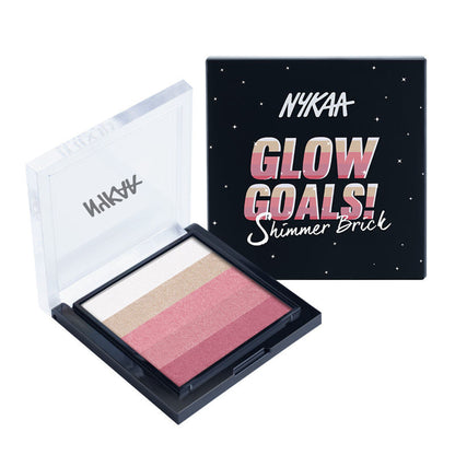 Nykaa Cosmetics Glow Goals! Shimmer Brick Highlighter Palette with multiple shimmering shades displayed in a compact.