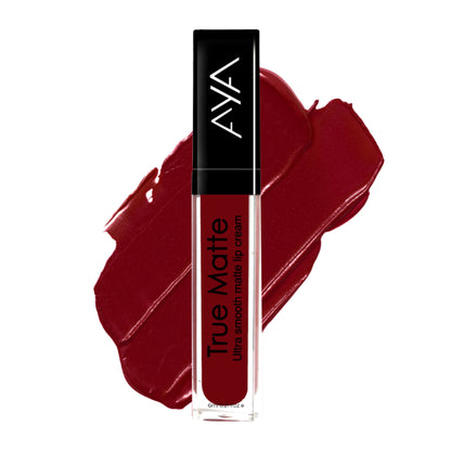 AYA True Matte Liquid Lipstick in shade 04 Red, featuring a smooth, ultra-matte finish and creamy texture.