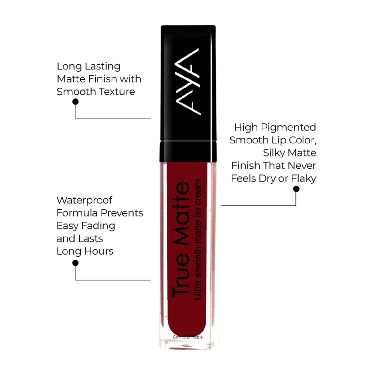 AYA True Matte Liquid Lipstick in shade 04 Red, featuring ultra smooth matte lip cream with vibrant red color and sleek packaging.