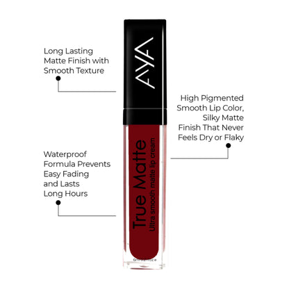 AYA True Matte Liquid Lipstick in shade 04 Red, featuring ultra smooth matte lip cream with vibrant red color and sleek packaging.