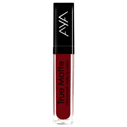 AYA True Matte Liquid Lipstick in shade 04 Red, ultra smooth matte lip cream applied on lips with a vibrant red finish.