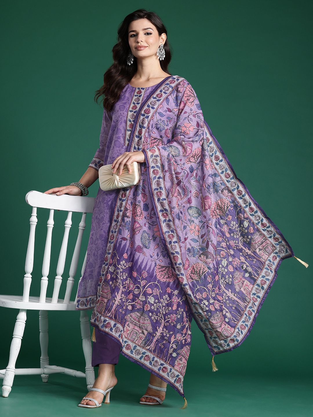 Floral Printed Beads & Stones Chanderi Silk Kurta With Trousers & Dupatta