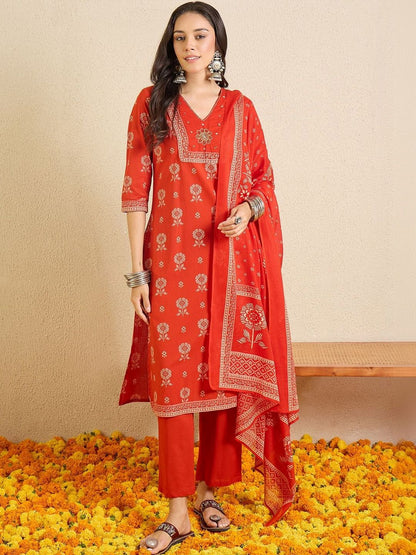 Women Ethnic Motifs Printed Regular Thread Work Pure Cotton Kurta with Trousers & With Dupatta