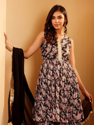 Indyancart VA Women'sFloral Printed Round Neck Empire Anarkali Kurta With Sharara And Dupatta