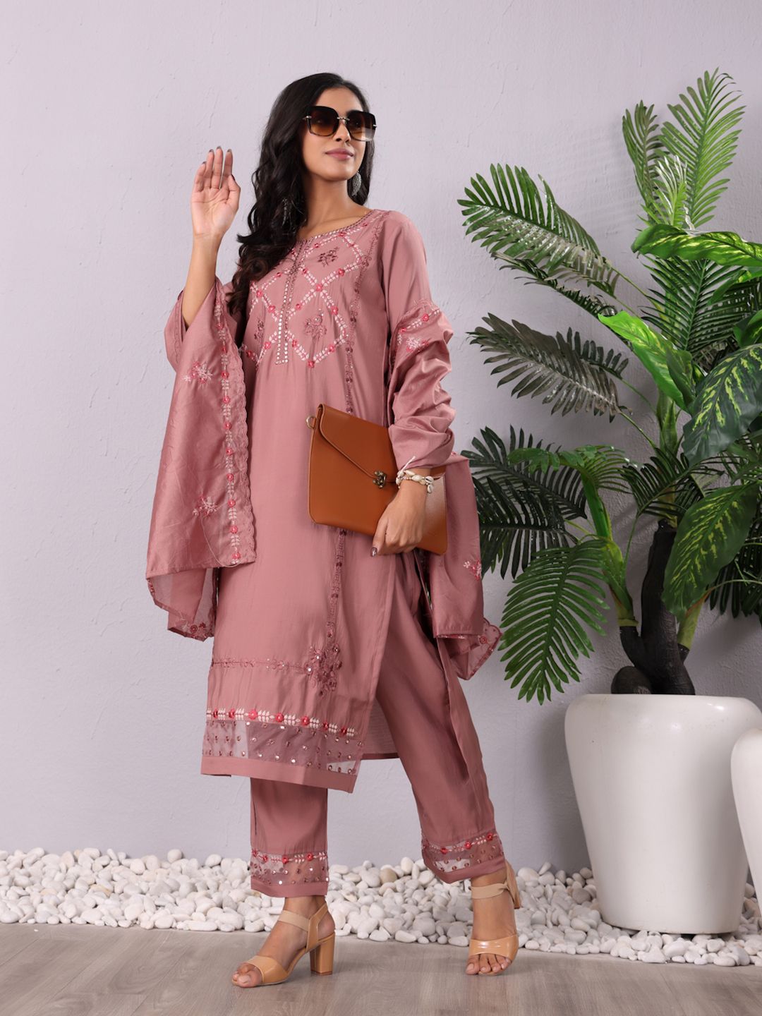 Indyancart VA Women'sMauve Floral Embroidered Mirror Work Kurta With Trousers & Dupatta