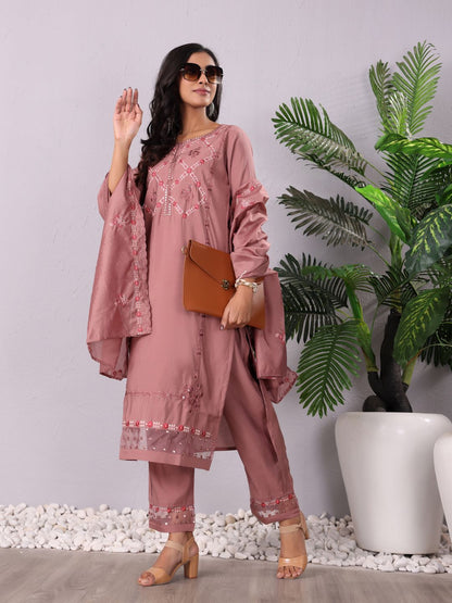 Indyancart VA Women'sMauve Floral Embroidered Mirror Work Kurta With Trousers & Dupatta