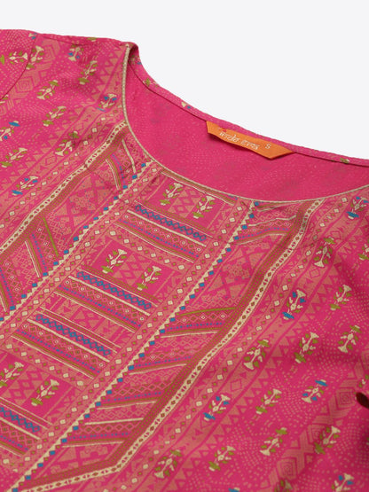 Indyancart IE Women Pink & Peach-Coloured Foil Print Straight Kurta