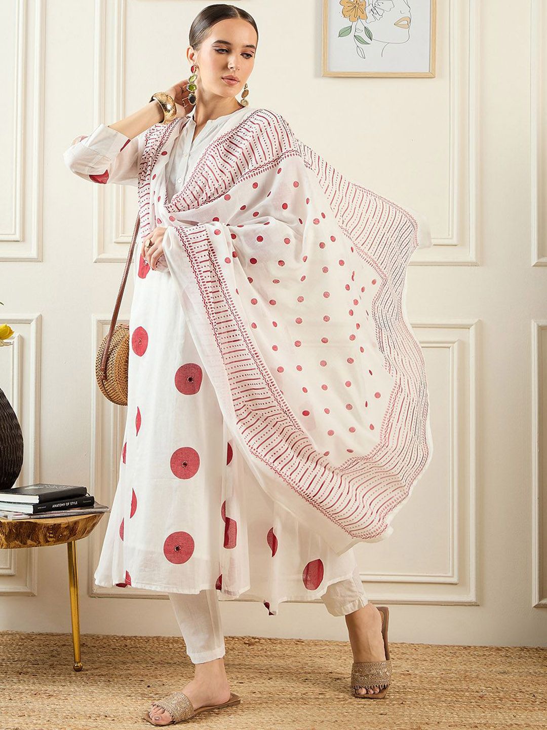Dhiyona IE Geometric Printed Pure Cotton A-Line Kurta With Trousers & Dupatta