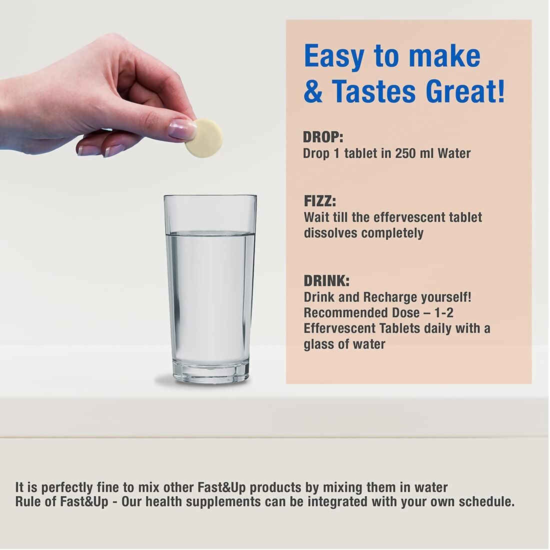 Fast&Up Reload O.R.S Ayurvedic electrolyte tablets in orange flavor, effervescent tablets for hydration and replenishing electrolytes.