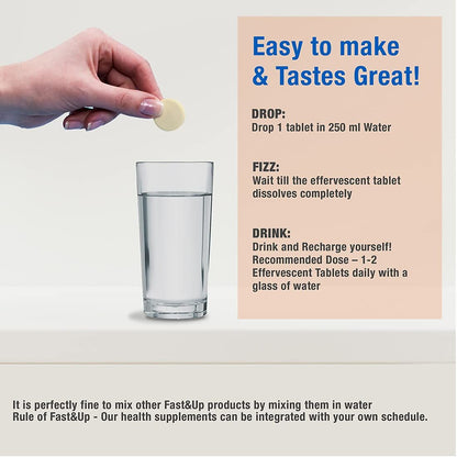 Fast&Up Reload O.R.S Ayurvedic electrolyte tablets in orange flavor, effervescent tablets for hydration and replenishing electrolytes.