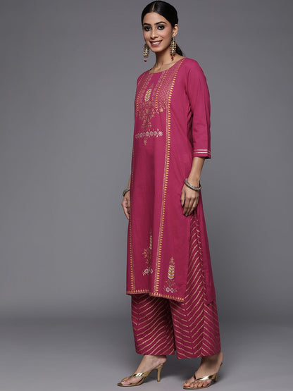 Indyancart VA Women's Fuchsia Pink & Golden Floral Print Cotton Kurta with Palazzos & Dupatta