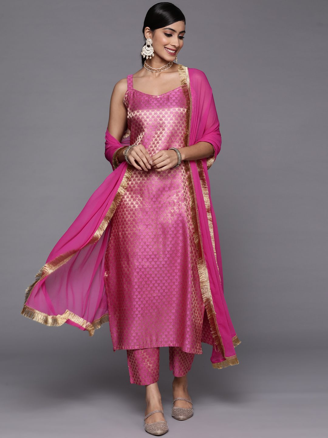Indyancart VA Women's Fuchsia Kurta with Trousers & With Dupatta