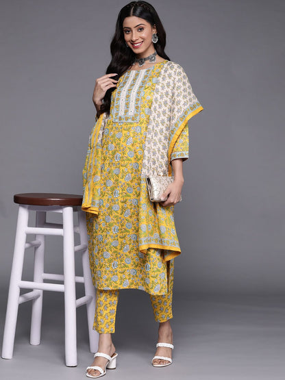 Indyancart VA Women's Yellow Floral Printed Pure Cotton Kurta with Trousers & With Dupatta