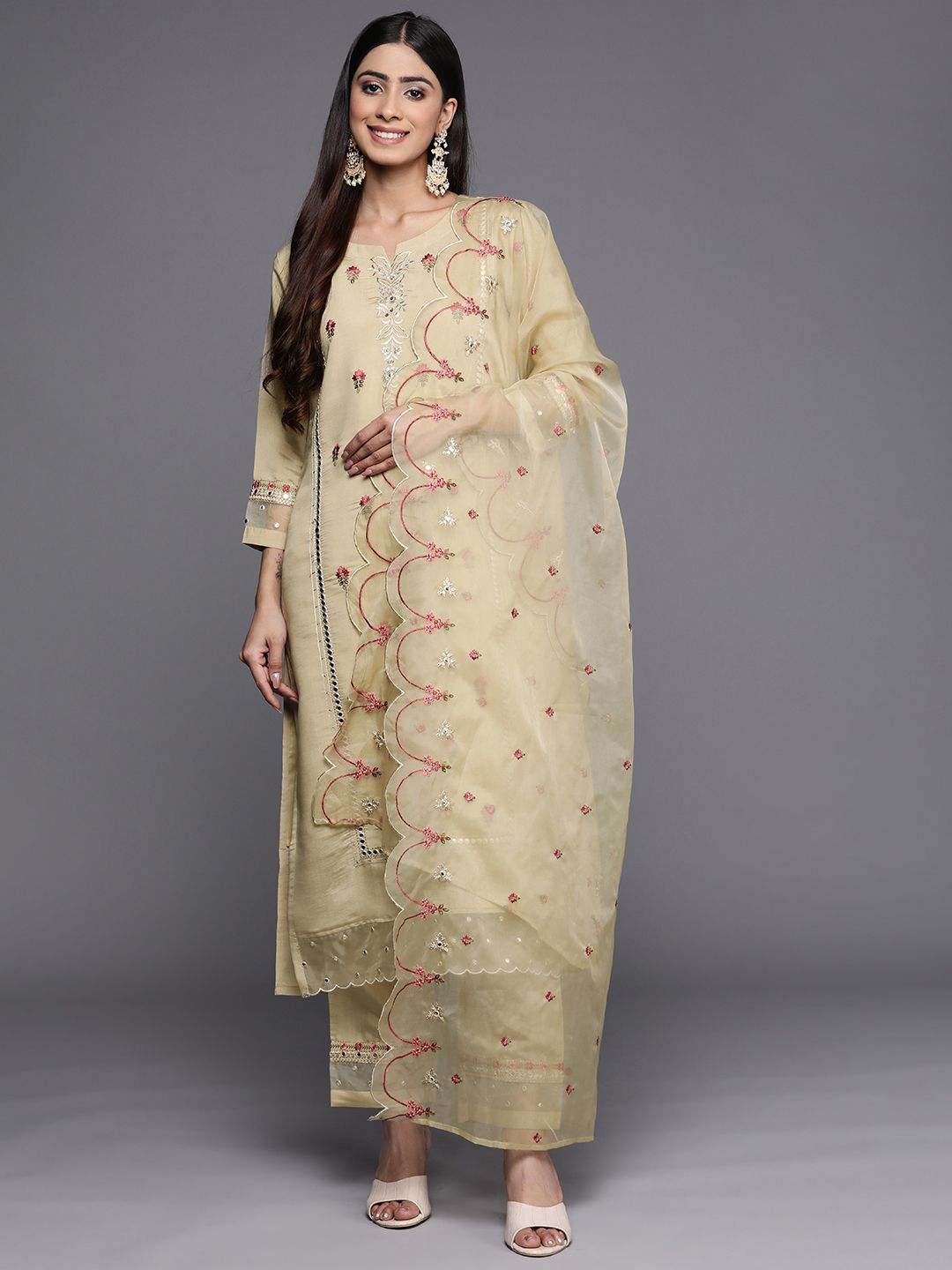 Indyancart VA Women'sFloral Embroidered Mirror Work Kurta with Trousers & Dupatta