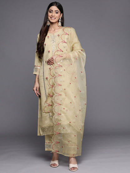 Indyancart VA Women'sFloral Embroidered Mirror Work Kurta with Trousers & Dupatta