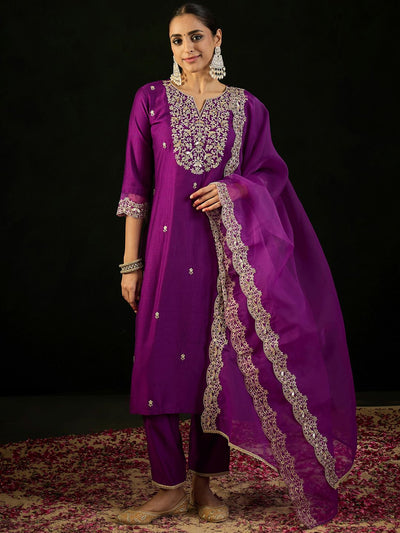 Indyancart IE Notched Neck Floral Embroidered Liva Kurta with Trouser & Dupatta