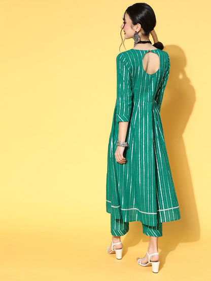 Indyancart VA Women's Green & Silver Striped Gotta Patti Kurta Set
