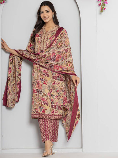 Indyancart VA Women's Abstract Printed Neck Embroidered Regular Kurta with Trouser & Dupatta