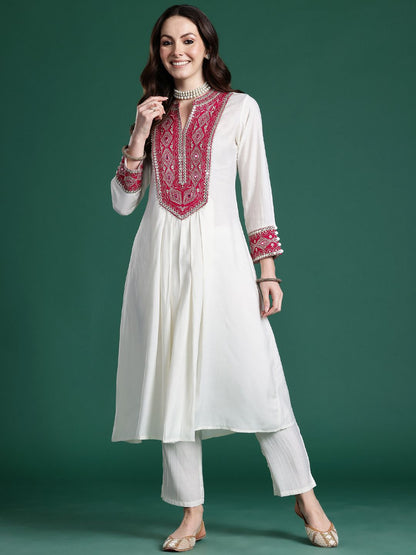 Ethnic Motifs Embroidered Pleated Mirror Work Kurta with Trousers