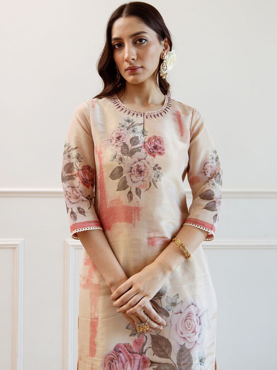 Indyancart IE Women Floral Printed Regular Kurta with Trousers Dupatta