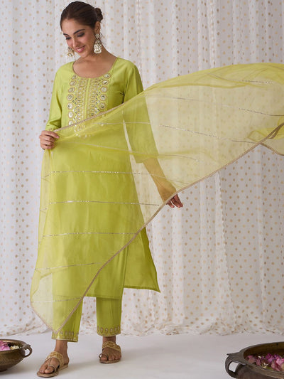 Indyancart IE Geometric Embroidered Round Neck Liva Straight Kurta with Trousers & Dupatta