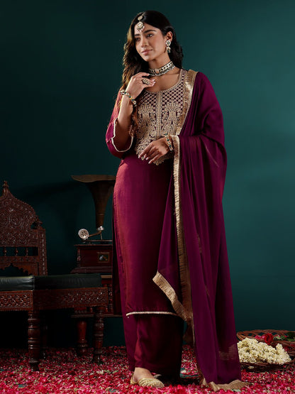 Indyancart VA Women Ethnic Motifs Embroidered Regular Kurta with Palazzos & With Dupatta