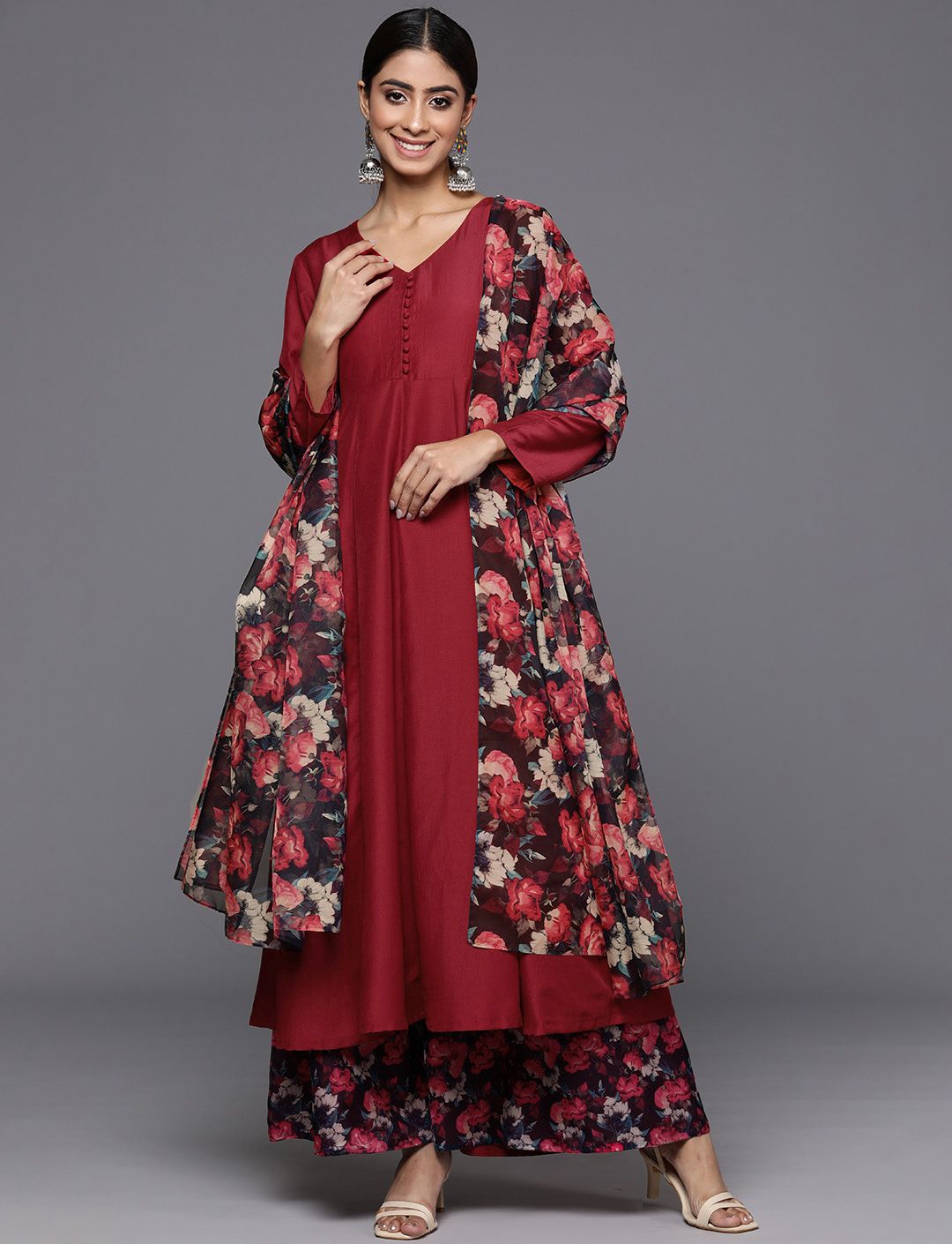 Dhiyona VA Women'sFloral Anarkali Kurta with Palazzos & Dupatta