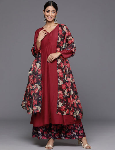 Indyancart VA Women'sFloral Anarkali Kurta with Palazzos & Dupatta