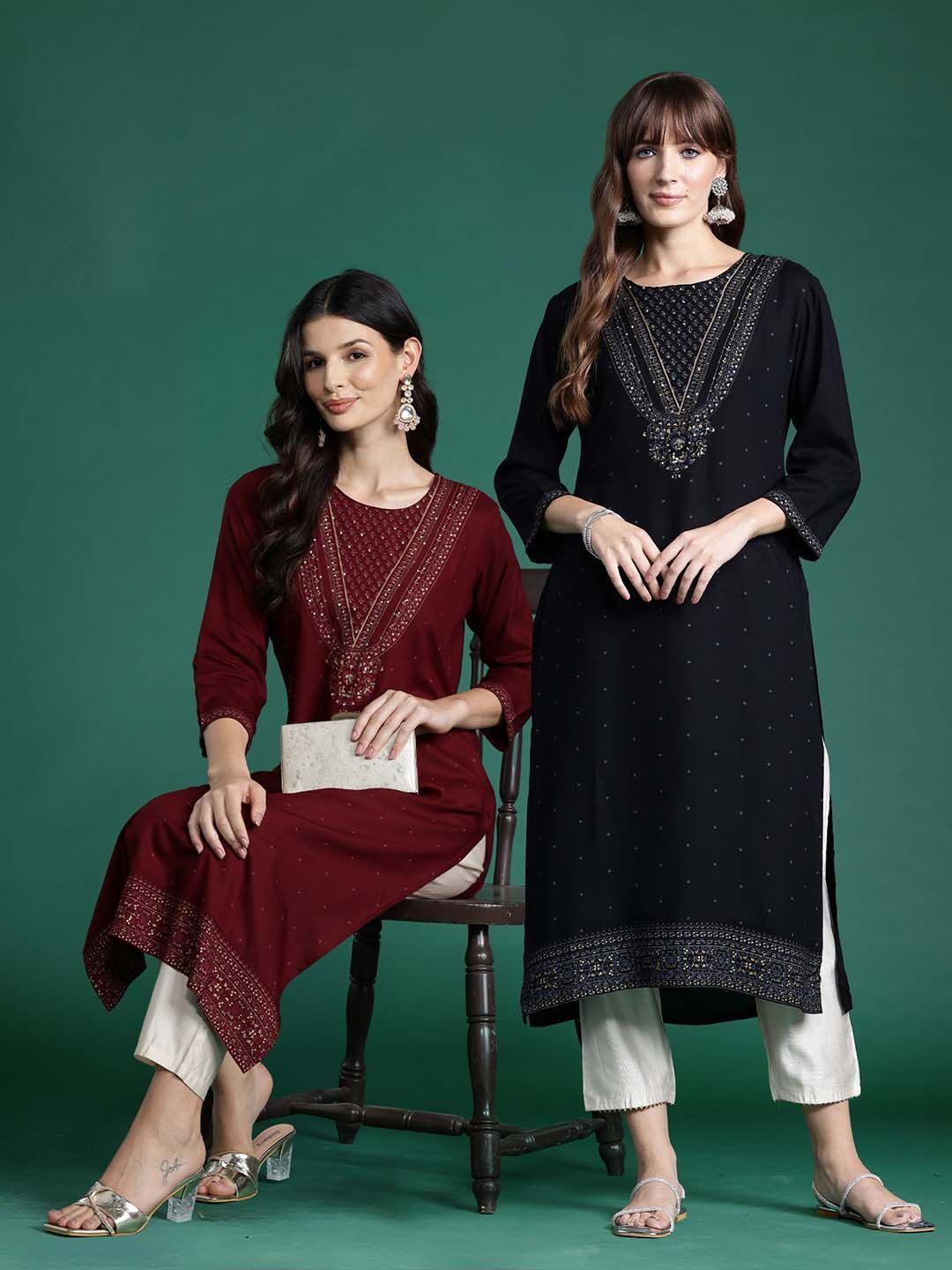 Indyancart IE Pack of 2 Foil Printed Sequinned Kurta