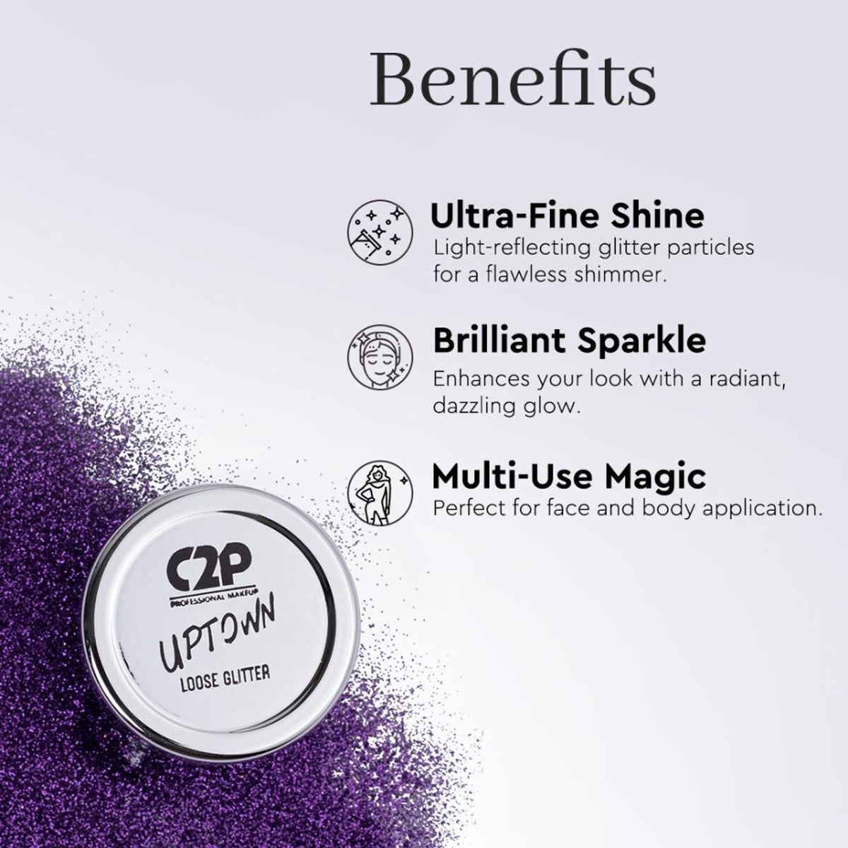 C2P Pro Sparkle Duo Glitter and Glue Kit in Violet Line with glitter jars and glue applicator on a white background.