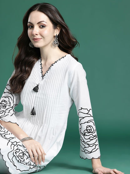 Floral Printed Pleated Mirror Work Pure Cotton Kurta with Palazzos