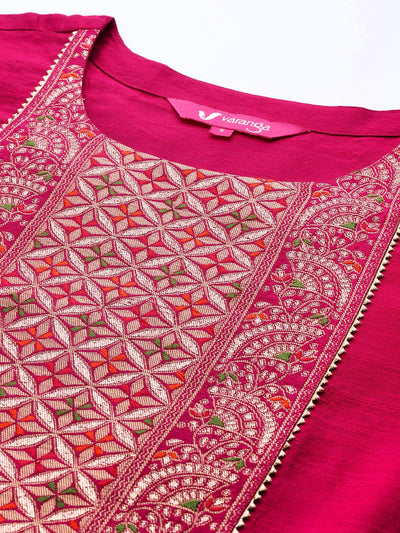 Indyancart VA Women'sBrocade Yoke with Gota Detail Kurta with Trouser with Bandhani Printed Dupatta