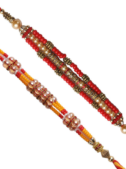 Anouk Set Of 2 Red Beaded Rakhi With Roli Rice & Greeting Card