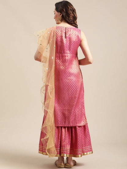 Indyancart VA Women'sPink & Gold-Colored Brocade Sleeveless Kurta Sharara With Sequins Ruffle Dupatta