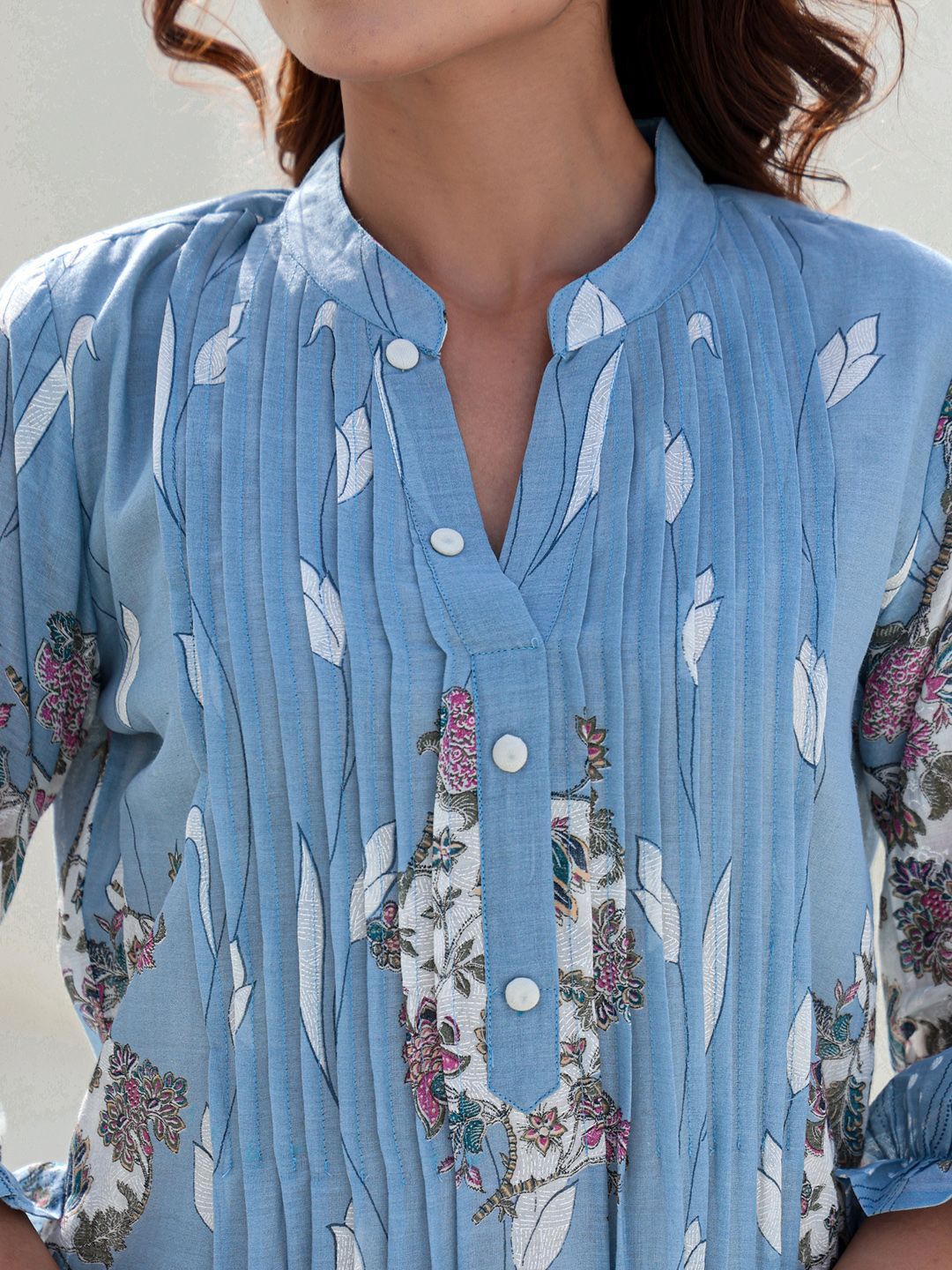 Floral Printed Mandarin Collar A-Line Pure Cotton Kurta With Trousers