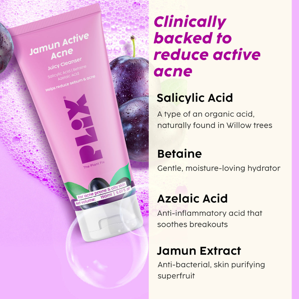 Plix Jamun Active Acne Cleanser with Salicylic Acid Helps Reduce Acne for Daily Use