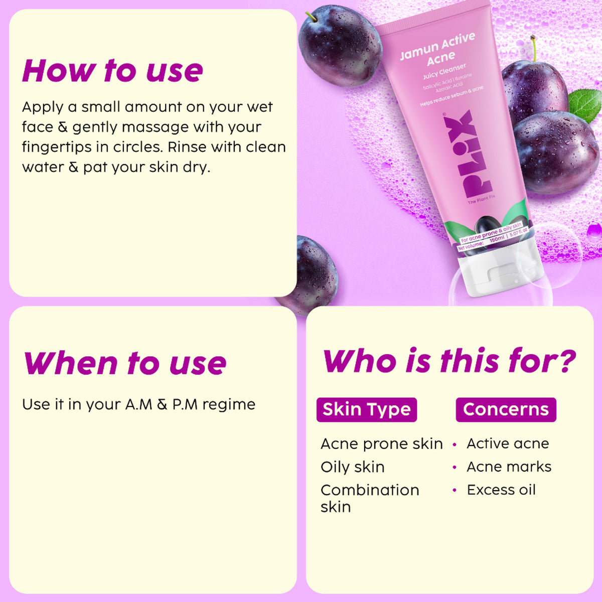 Plix Jamun Active Acne Cleanser with Salicylic Acid Helps Reduce Acne for Daily Use
