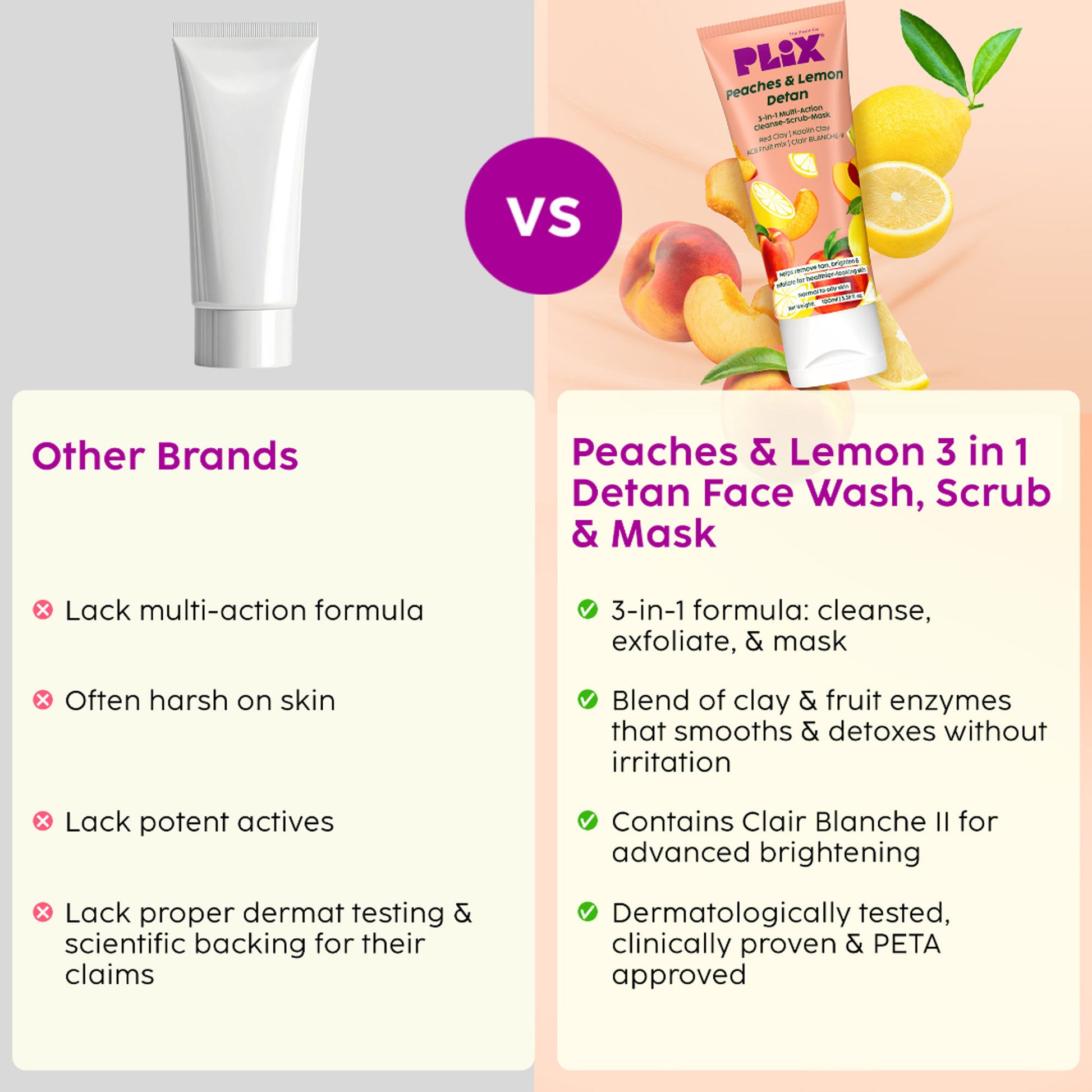 Plix Peaches & Lemon 3-in-1 Detan Face Wash, Scrub & Mask