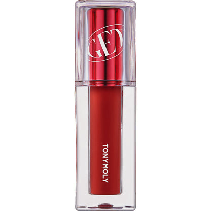 TONYMOLY Korean Get It Lip Tint Waterful Butter in shade 07 Apple Pop, showing a moist, velvet-textured lip tint in a vibrant red color.