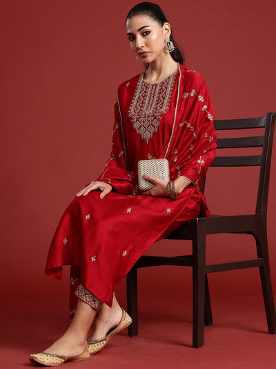 Indyancart IE Ethnic Motifs Embroidered Sequinned Kurta With Trousers & Dupatta