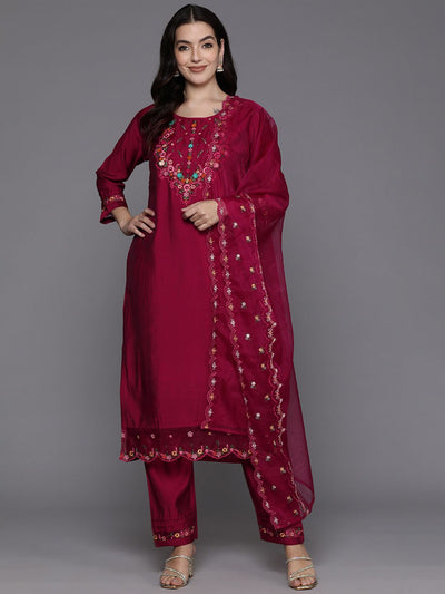 Indyancart IE Floral Embroidered Regular Thread Work Kurta with Trousers & Dupatta