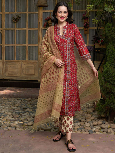Indyancart SN Women's Maroon Floral Printed Angrakha Pure Cotton Kurta with Trousers & Dupatta
