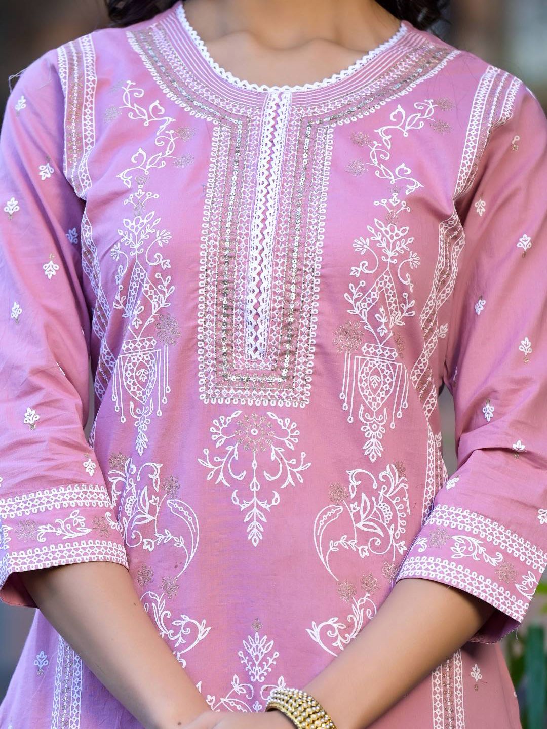 Indyancart VA Women'sFloral Printed Regular Miirror Work Pure Cotton Kurta With Trouser & Dupatta