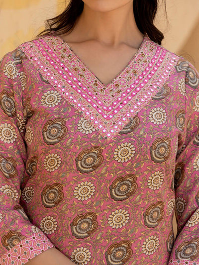 Indyancart VA Women's Floral Embroidered Regular Mirror Work Kurta with Trousers & With Dupatta