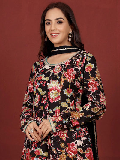 Indyancart VA Women'sFloral Printed Thread Work Pure Cotton Kurta With Trousers & Dupatta
