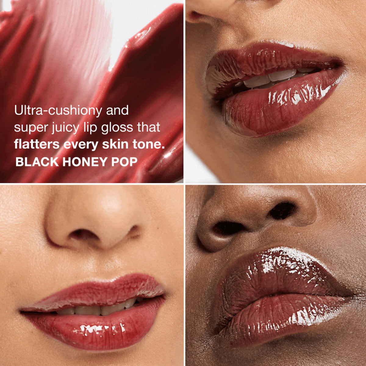 Clinique Pop Plush Creamy Lip Gloss in Black Honey, showing a smooth, shiny lip gloss tube with the brand logo visible.